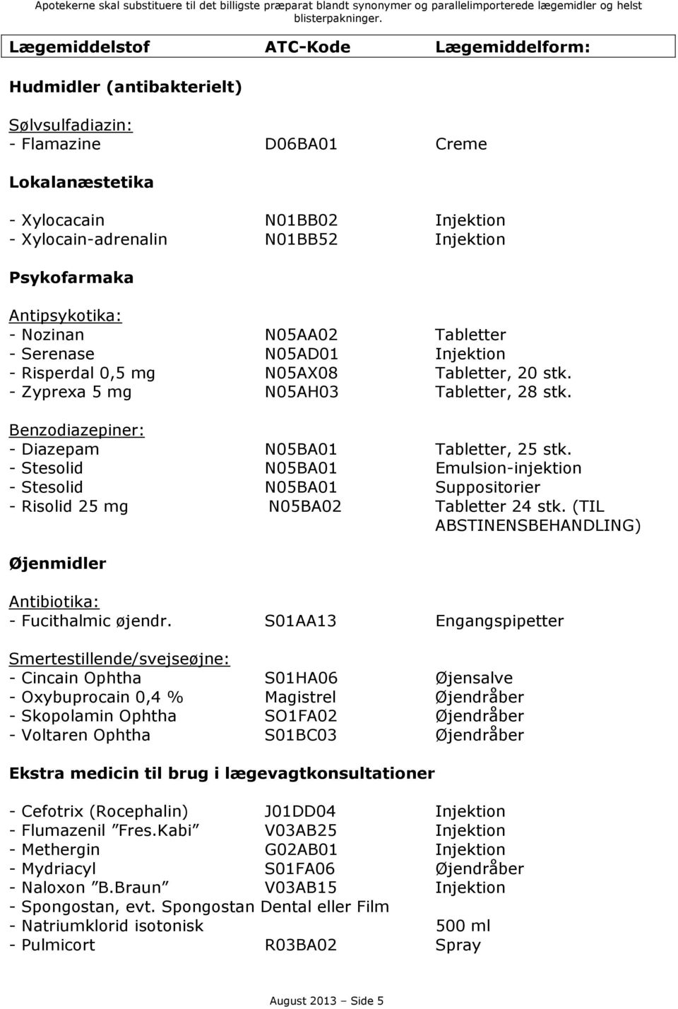 Benzodiazepiner: - Diazepam N05BA01 Tabletter, 25 stk. - Stesolid N05BA01 Emulsion-injektion - Stesolid N05BA01 Suppositorier - Risolid 25 mg N05BA02 Tabletter 24 stk.