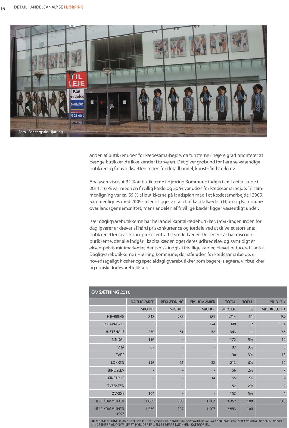 Analysen viser, at 34 % af butikkerne i Hjørring Kommune indgik i en kapitalkæde i 2011, 16 % var med i en frivillig kæde og 50 % var uden for kædesamarbejde. Til sammenligning var ca.