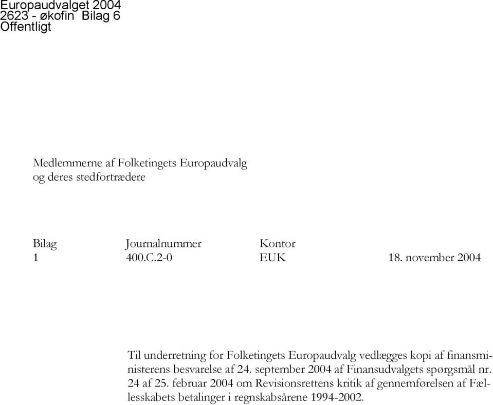 november 2004 Til underretning for Folketingets Europaudvalg vedlægges kopi af finansministerens besvarelse af