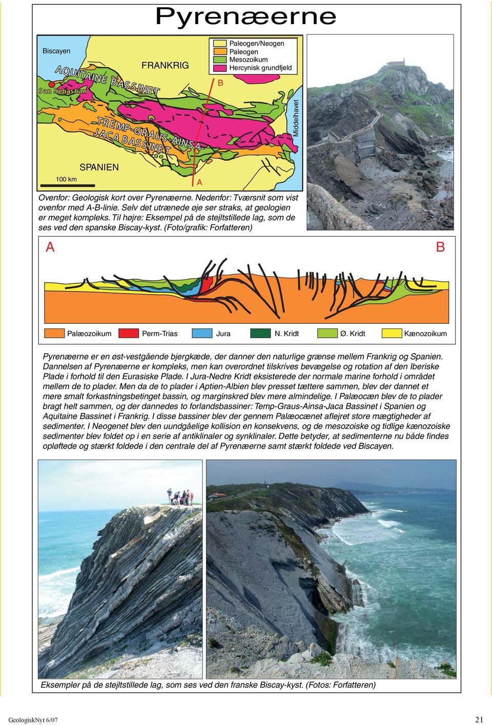Til højre: Eksempel på de stejltstillede lag, som de ses ved den spanske Biscay-kyst. (Foto/grafik: Forfatteren) A B Palæozoikum Perm-Trias Jura N. Kridt Ø.