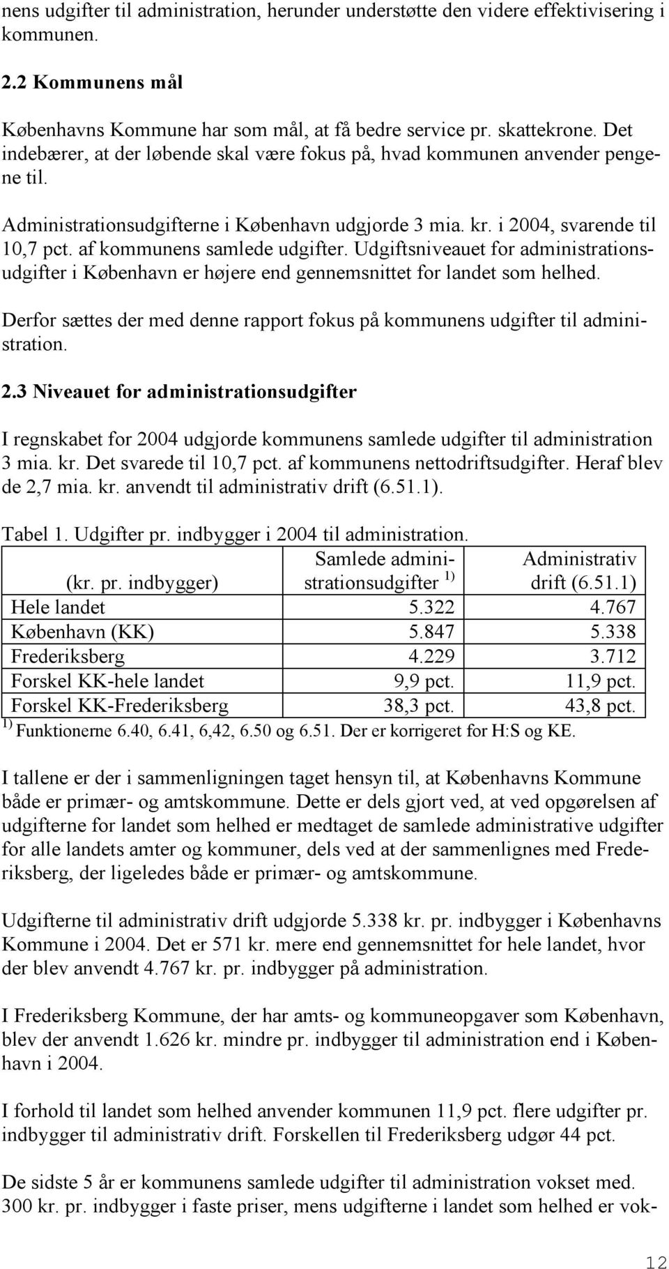 af kommunens samlede udgifter. Udgiftsniveauet for administrationsudgifter i København er højere end gennemsnittet for landet som helhed.