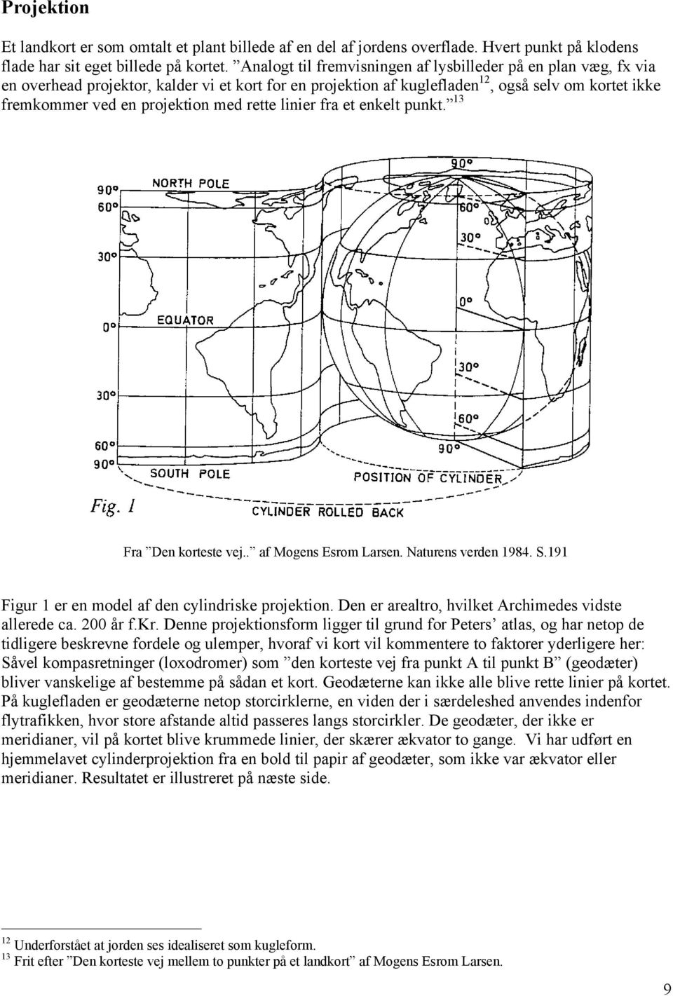 rette linier fra et enkelt punkt. 13 Fra Den korteste vej.. af Mogens Esrom Larsen. Naturens verden 1984. S.191 Figur 1 er en model af den cylindriske projektion.