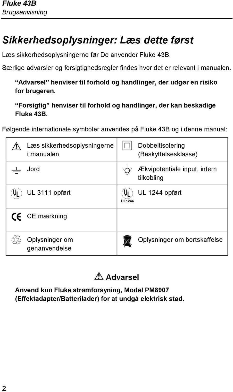Følgende internationale symboler anvendes på Fluke 43B og i denne manual: Læs sikkerhedsoplysningerne i manualen Jord UL 3111 opført CE mærkning UL1244 Dobbeltisolering
