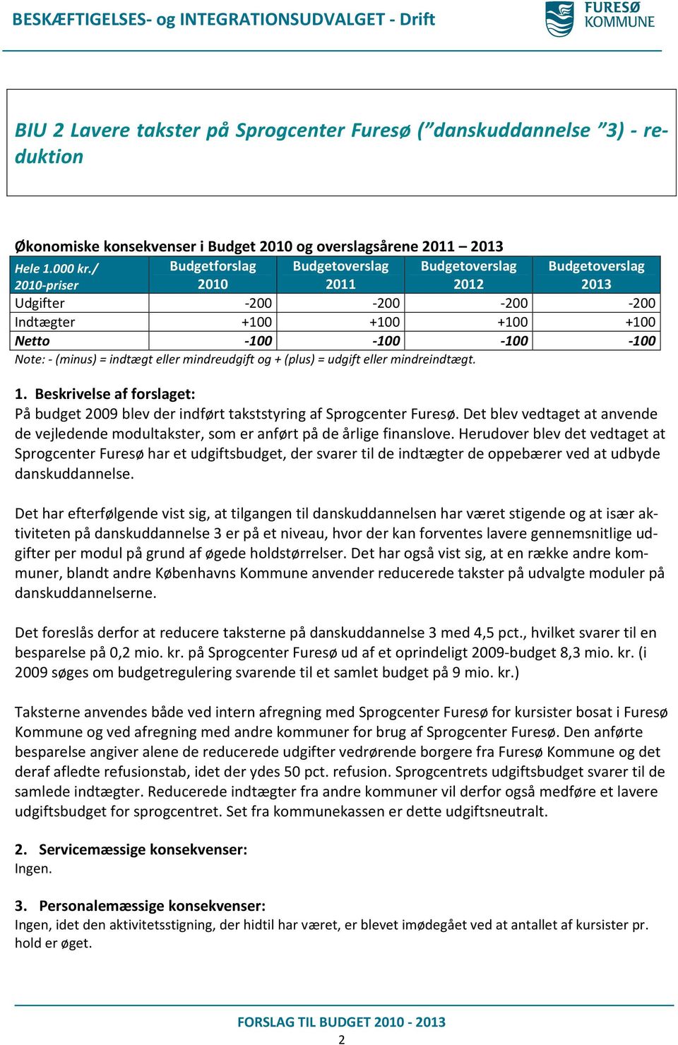 Herudover blev det vedtaget at Sprogcenter Furesø har et udgiftsbudget, der svarer til de indtægter de oppebærer ved at udbyde danskuddannelse.