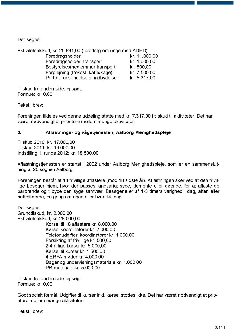 Det har været nødvendigt at prioritere mellem mange aktiviteter. 3. Aflastnings- og vågetjenesten, Aalborg Menighedspleje Tilskud 2010: kr. 17.000,00 Tilskud 2011: kr. 19.000,00 Indstilling 1.