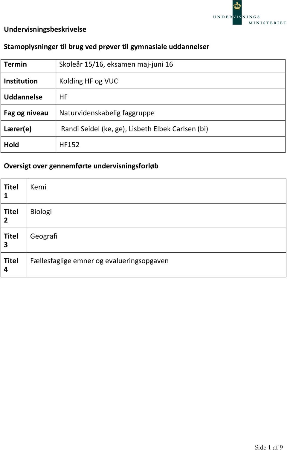Naturvidenskabelig faggruppe Randi Seidel (ke, ge), Lisbeth Elbek Carlsen (bi) HF152 Oversigt over