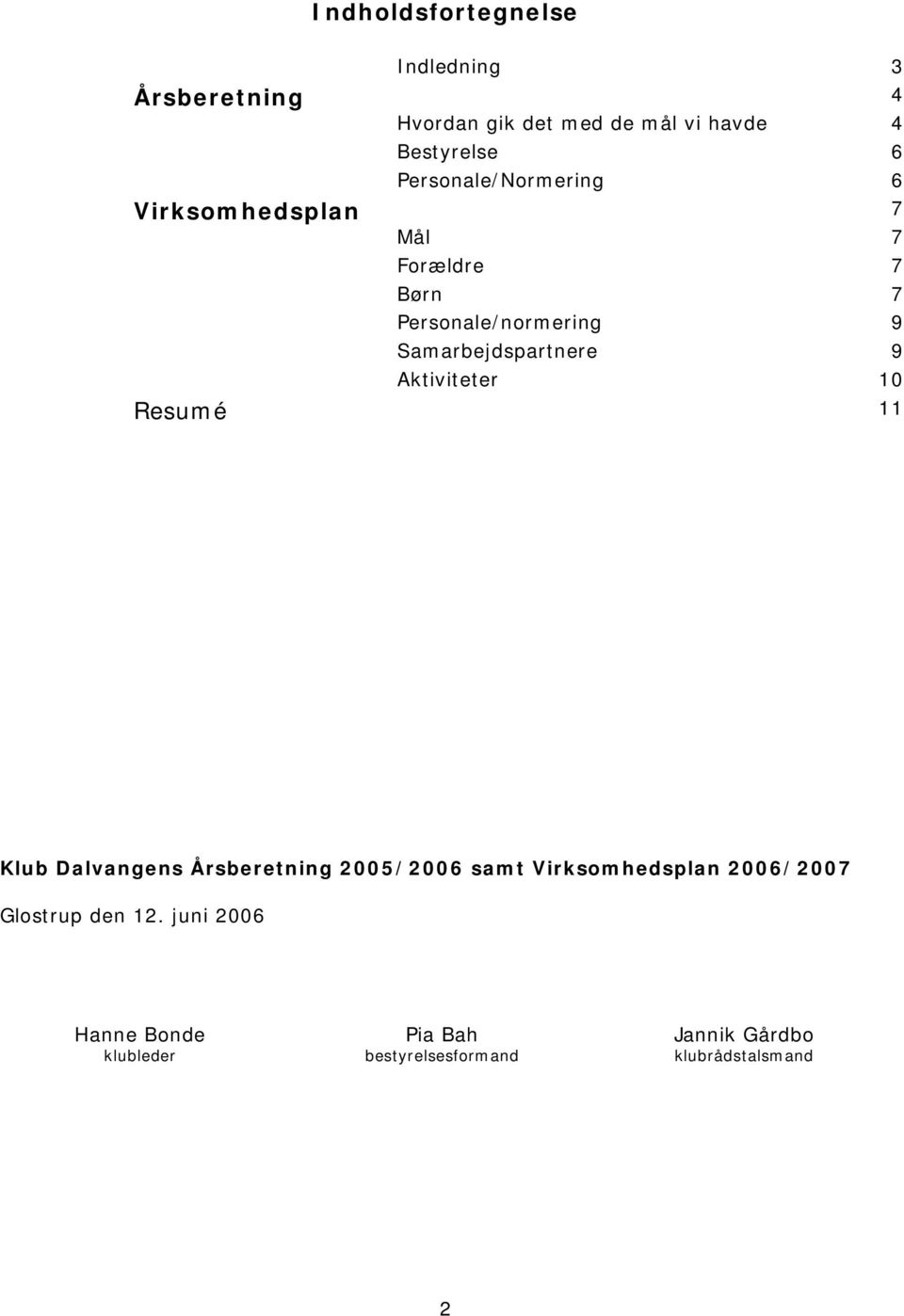 Samarbejdspartnere 9 Aktiviteter 10 Resumé 11 Klub Dalvangens Årsberetning 2005/2006 samt