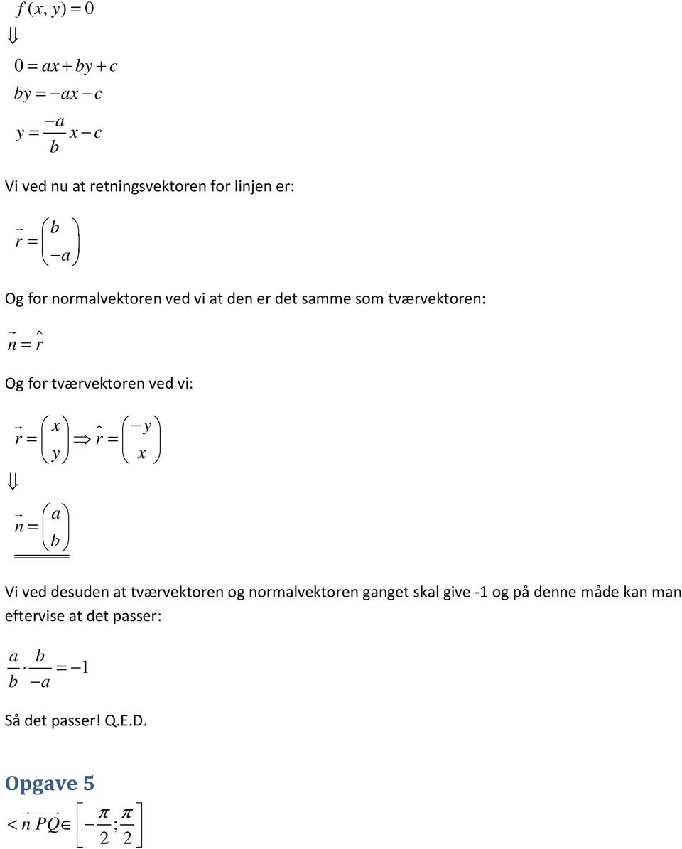 vi: y r = rɵ = y a n = b Vi ved desuden at tværvektoren og normalvektoren ganget skal give -1 og