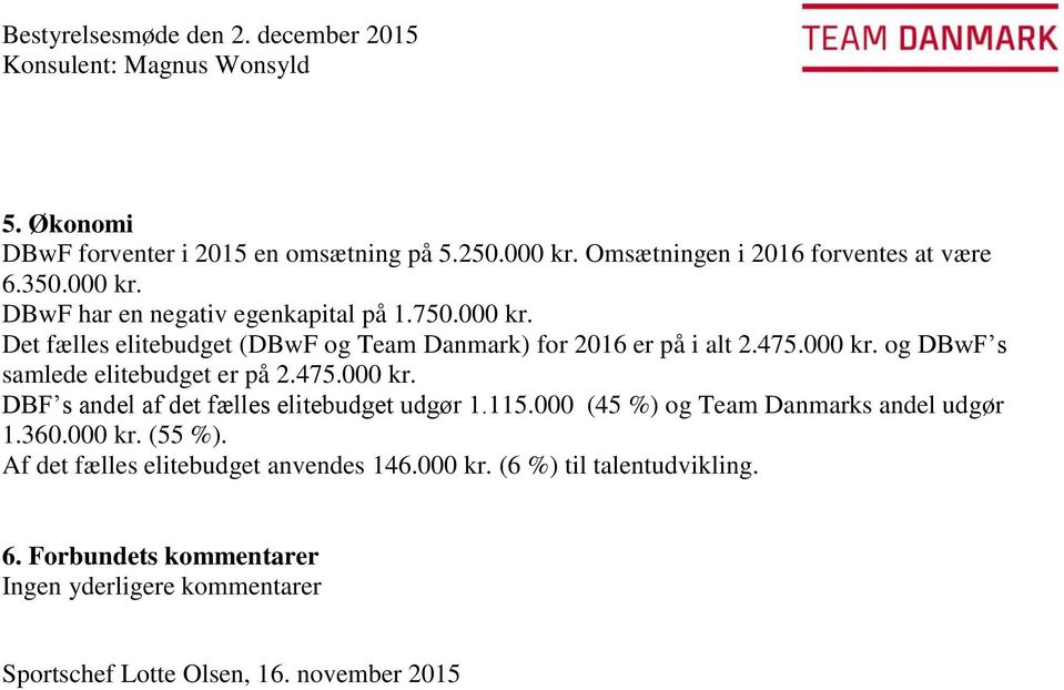 115.000 (45 %) og Team Danmarks andel udgør 1.360.000 kr. (55 %). Af det fælles elitebudget anvendes 146.000 kr. (6 %) til talentudvikling. 6.