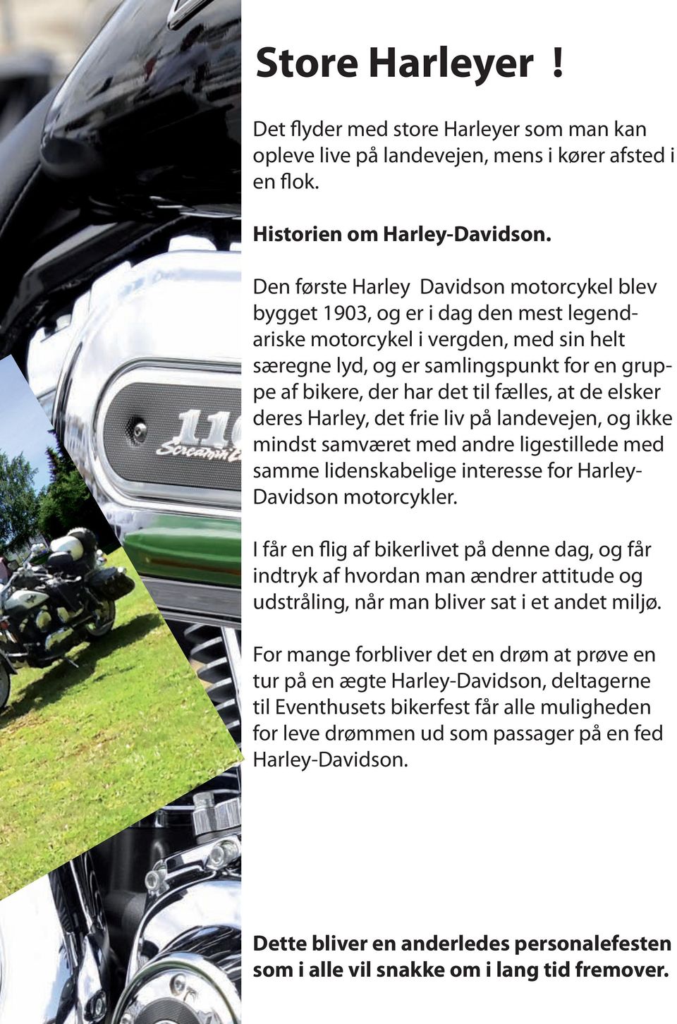 fælles, at de elsker deres Harley, det frie liv på landevejen, og ikke mindst samværet med andre ligestillede med samme lidenskabelige interesse for Harley- Davidson motorcykler.