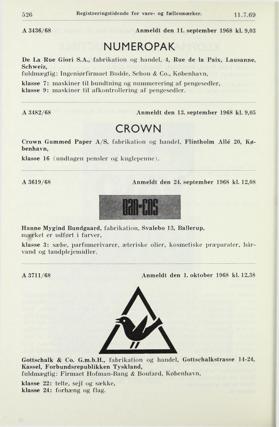 9,05 CROWN Crown Gummed Paper A/S, fabrikation og handel. Flintholm Allé 20, København, klasse 16 (undtagen pensler og kuglepenne). A 3619/68 Anmeldt den 24. september 1968 kl.