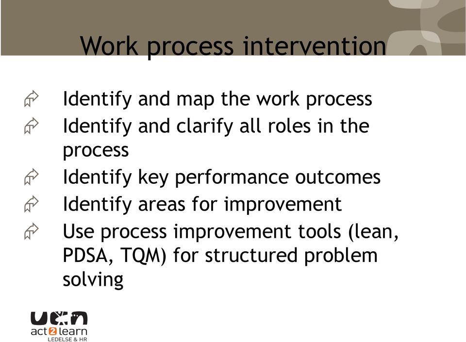 performance outcomes Identify areas for improvement Use