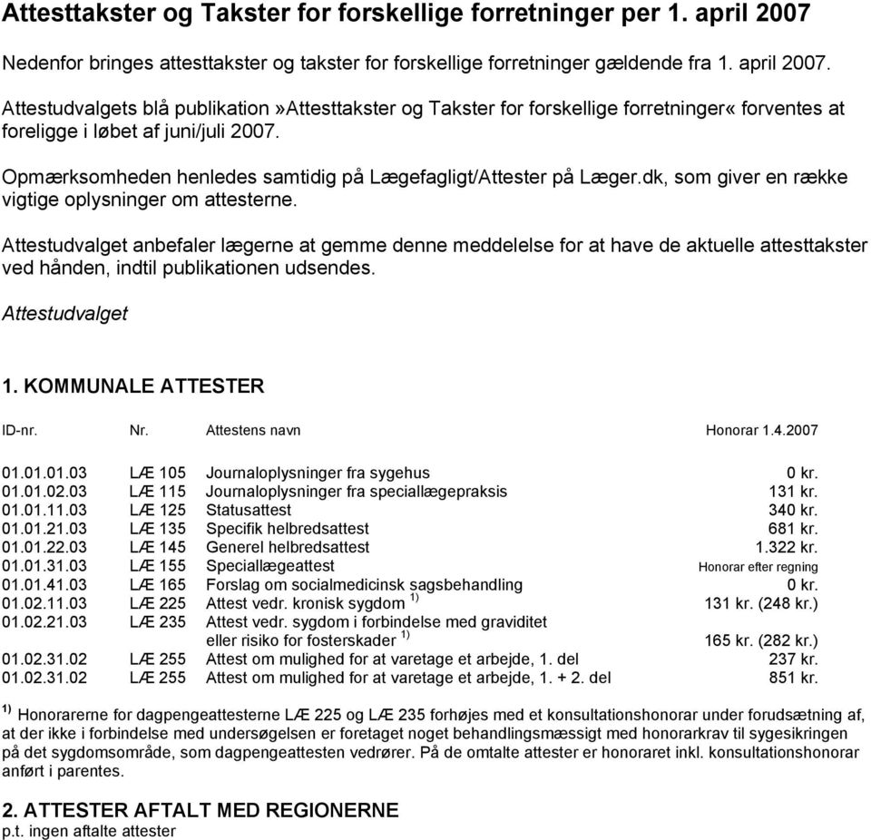 Attestudvalgets blå publikation»attesttakster og Takster for forskellige forretninger«forventes at foreligge i løbet af juni/juli 2007.