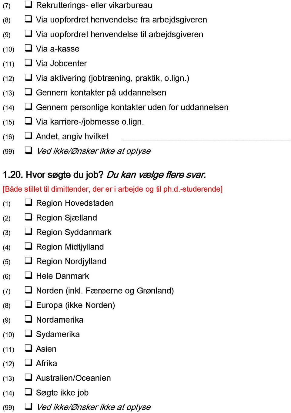 Hvor søgte du job? Du kan vælge flere svar. [Både stillet til dimittender, der er i arbejde og til ph.d.-studerende] (1) Region Hovedstaden (2) Region Sjælland (3) Region Syddanmark (4) Region Midtjylland (5) Region Nordjylland (6) Hele Danmark (7) Norden (inkl.