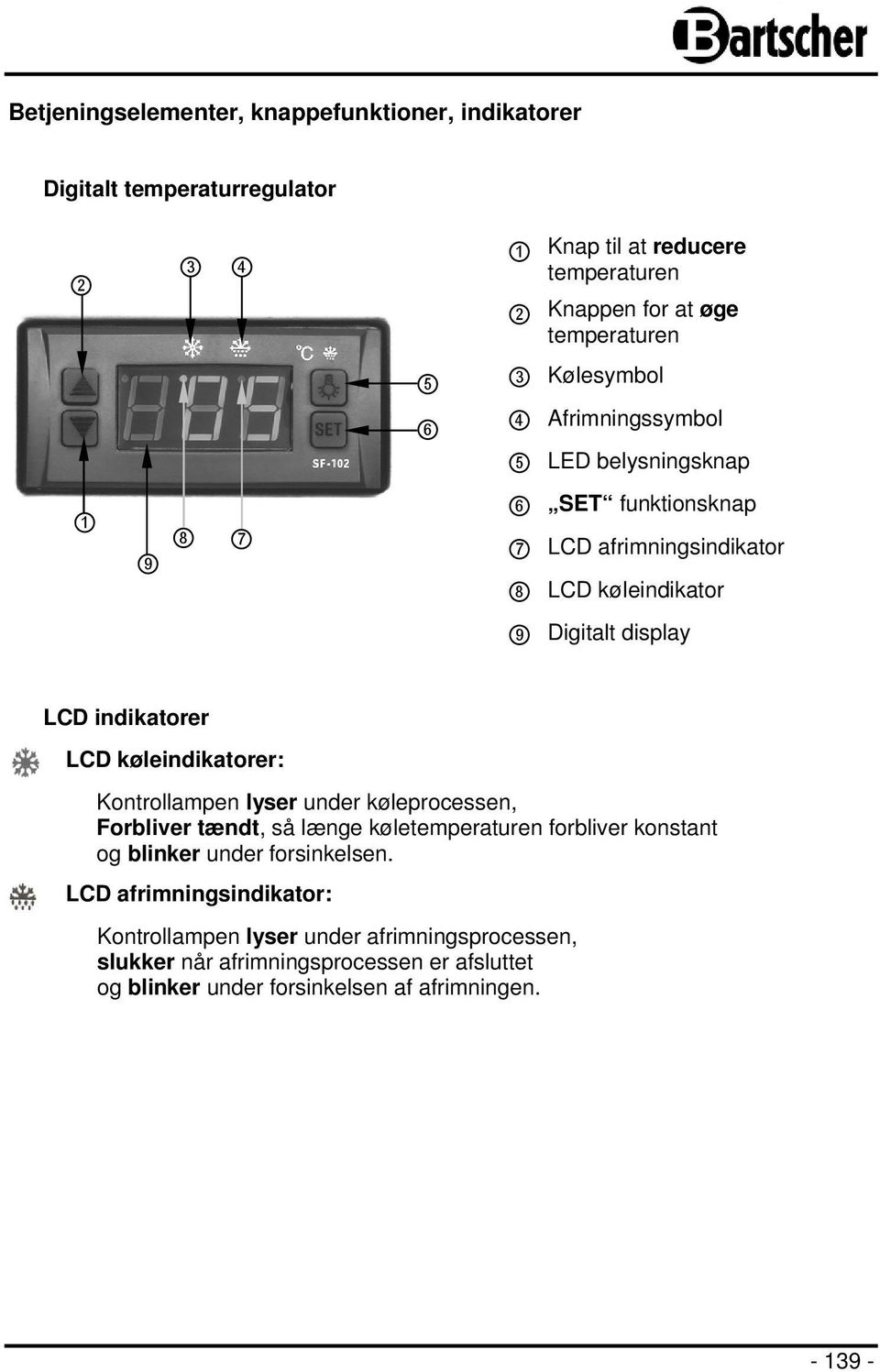 LCD køleindikatorer: Kontrollampen lyser under køleprocessen, Forbliver tændt, så længe køletemperaturen forbliver konstant og blinker under forsinkelsen.
