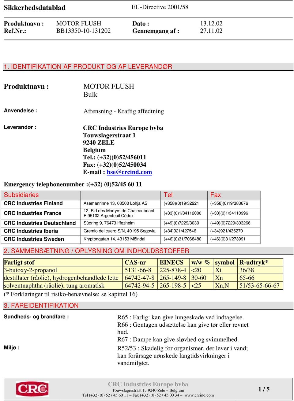com Emergency telephonenumber : (+32) (0)52/45 60 11 Subsidiaries Tel Fax CRC Industries Finland Asemanrinne 13, 08500 Lohja AS (+358)(0)19/32921 (+358)(0)19/383676 CRC Industries France 12, Bld des