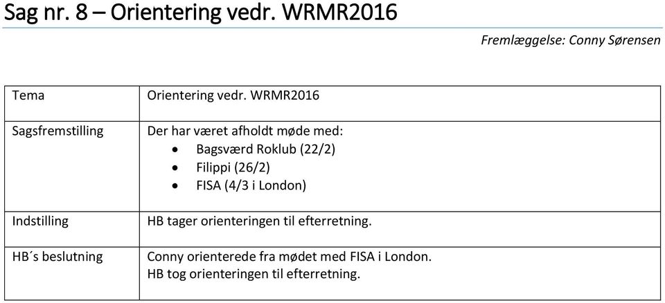WRMR2016 Der har været afholdt møde med: Bagsværd Roklub (22/2) Filippi (26/2)