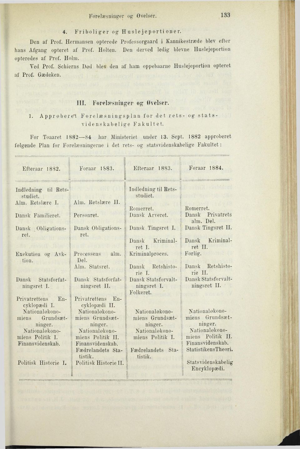 A p p r o b e r e't Forelæsningsplan for det rets- og statsvidenskabelige Fakultet. For Toaaret 1882 84 har Ministeriet under 13. Sept.