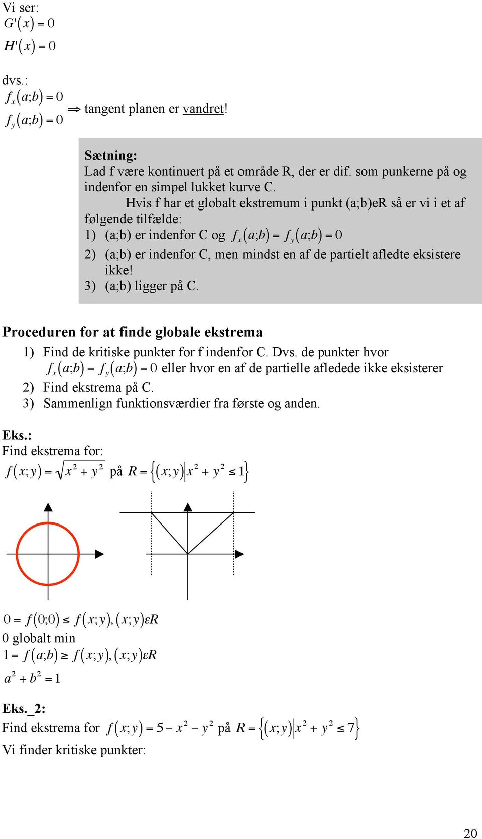 ikke 3 (a;b ligger på C. Proceduren for at finde globale ekstrema Find de kritiske punkter for f indenfor C. Dvs. de punkter hvor f x ( a;b = f y a;b Find ekstrema på C.