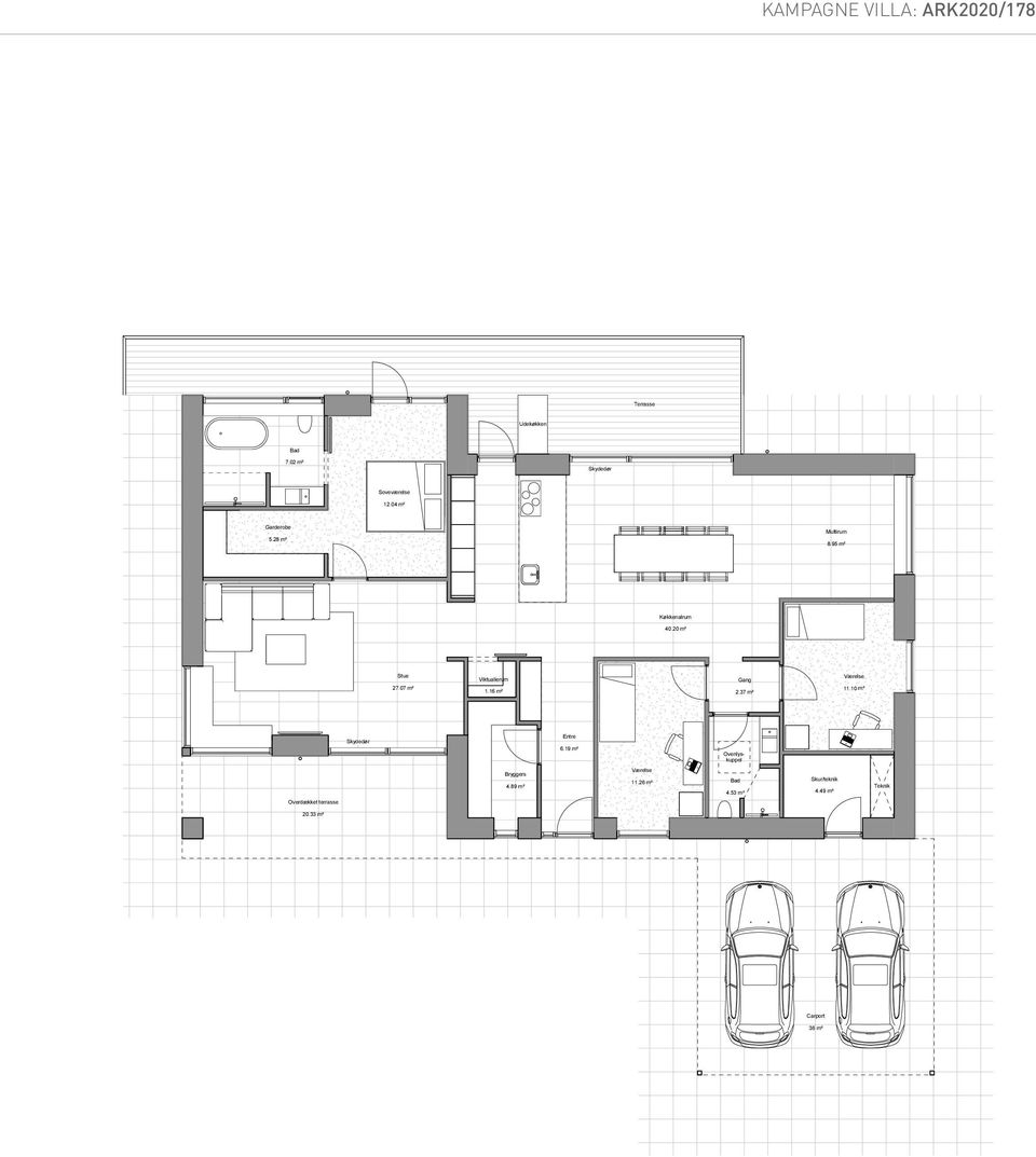 07 m² 1.16 m² 2.37 m² 10.61 11.10 m² Skydedør Entre 6.19 m² Ovenlyskuppel Bryggers 4.89 m² Værelse 10.83 11.