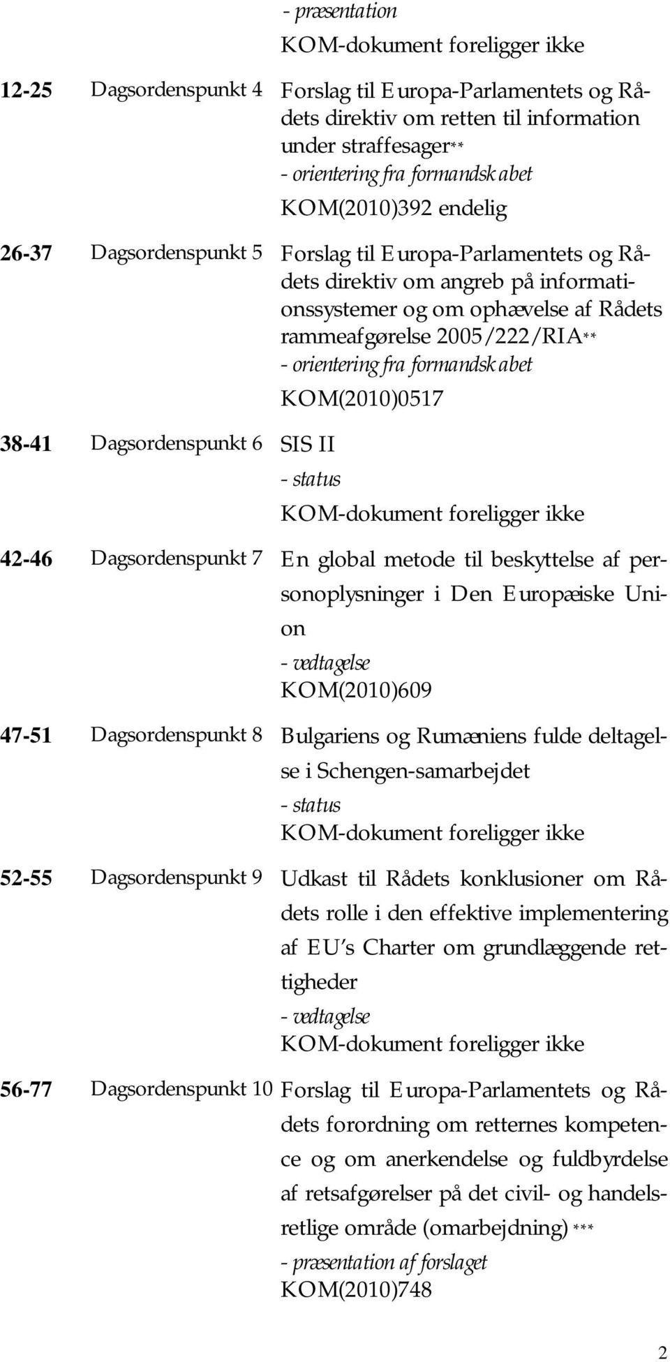 fra formandskabet KOM(2010)0517 38-41 Dagsordenspunkt 6 SIS II - status KOM-dokument foreligger ikke 42-46 Dagsordenspunkt 7 En global metode til beskyttelse af personoplysninger i Den Europæiske
