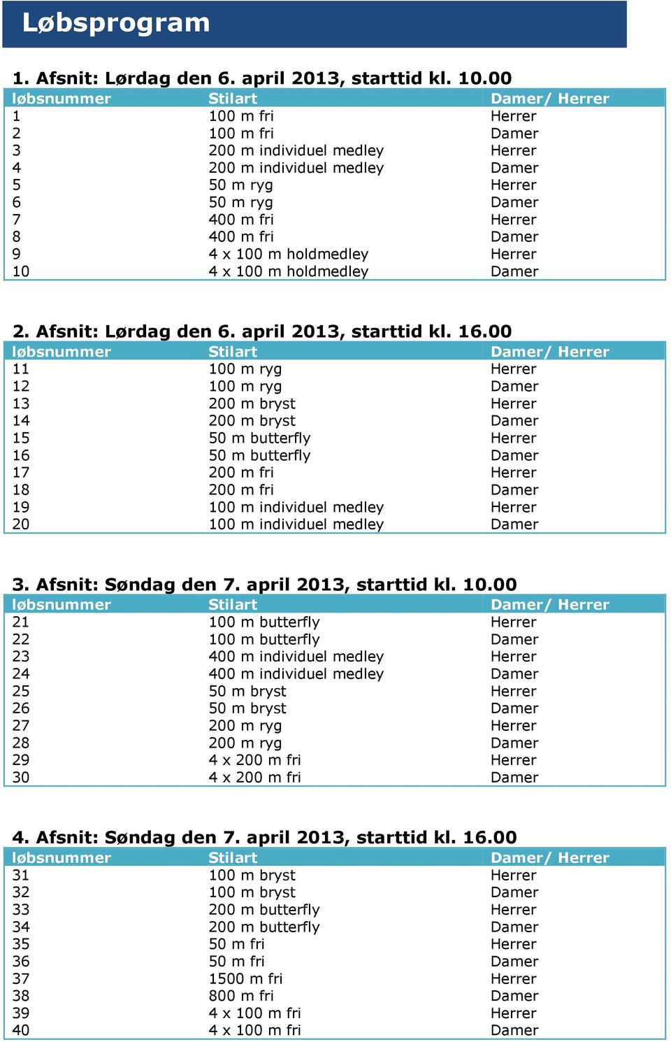Herrer 10 4 x 100 m holdmedley Damer 2. Afsnit: Lørdag den 6. april 2013, starttid kl. 16.