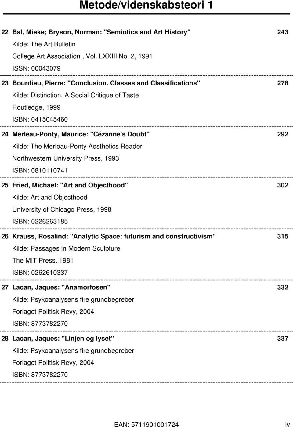 A Social Critique of Taste Routledge, 1999 ISBN: 0415045460 24 Merleau-Ponty, Maurice: "Cézanne's Doubt" 292 Kilde: The Merleau-Ponty Aesthetics Reader Northwestern University Press, 1993 ISBN: