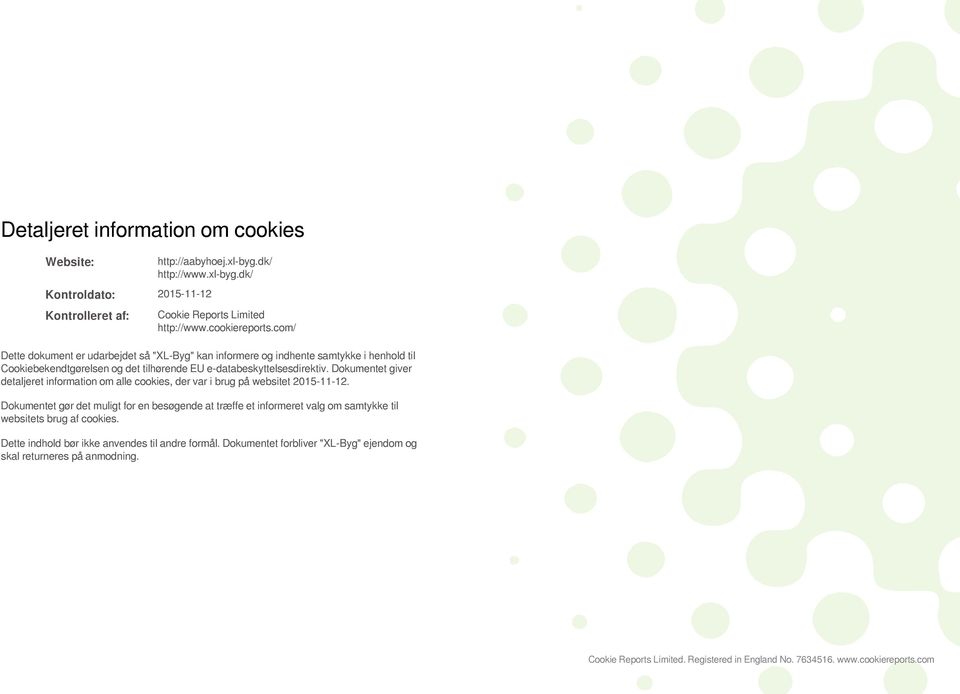 Dokuentet giver detaljeret inforation o alle cookies, der var i brug på websitet 2015-11-12.