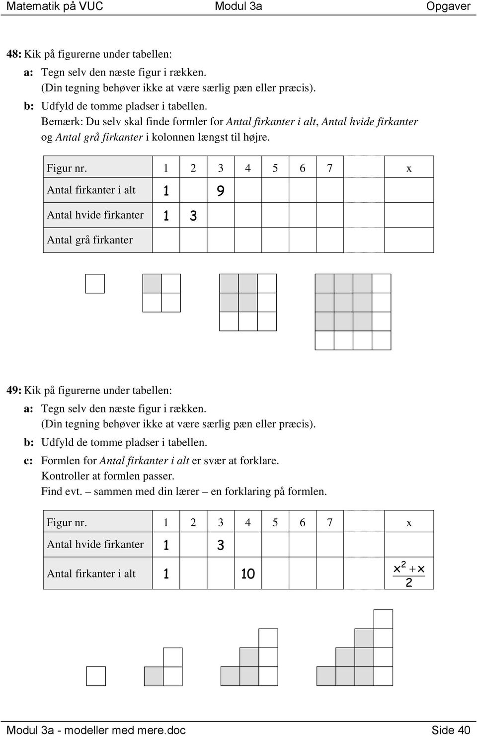 Antal firkanter i alt 1 9 Antal hvide firkanter 1 3 Antal grå firkanter 9: Kik på figurerne under tabellen: c: Formlen for Antal