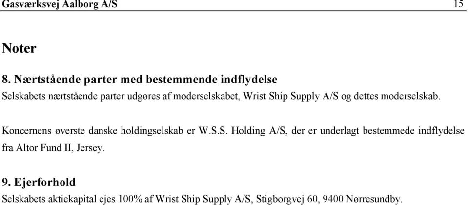 Wrist Ship Supply A/S og dettes moderselskab. Koncernens øverste danske holdingselskab er W.S.S. Holding A/S, der er underlagt bestemmede indflydelse fra Altor Fund II, Jersey.