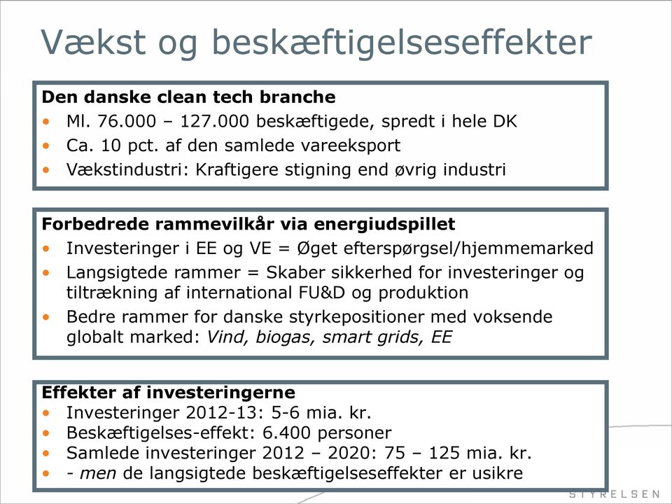 efterspørgsel/hjemmemarked Langsigtede rammer = Skaber sikkerhed for investeringer og tiltrækning af international FU&D og produktion Bedre rammer for danske styrkepositioner med