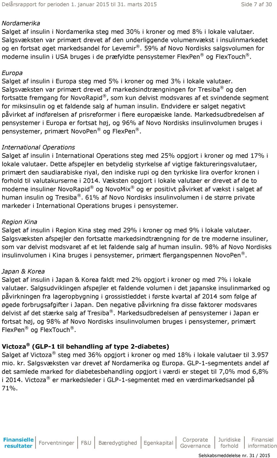 59% af Novo Nordisks salgsvolumen for moderne insulin i USA bruges i de præfyldte pensystemer FlexPen og FlexTouch. Europa Salget af insulin i Europa steg med 5% i kroner og med 3% i lokale valutaer.