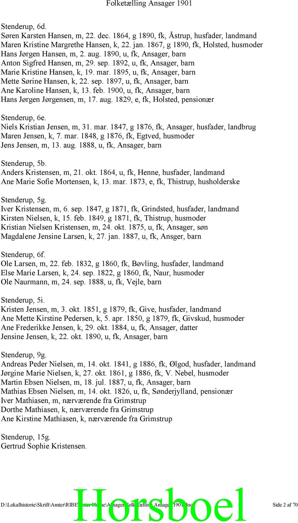 feb. 1900, u, fk, Ansager, barn Hans Jørgen Jørgensen, m, 17. aug. 1829, e, fk, Holsted, pensionær Stenderup, 6e. Niels Kristian Jensen, m, 31. mar.