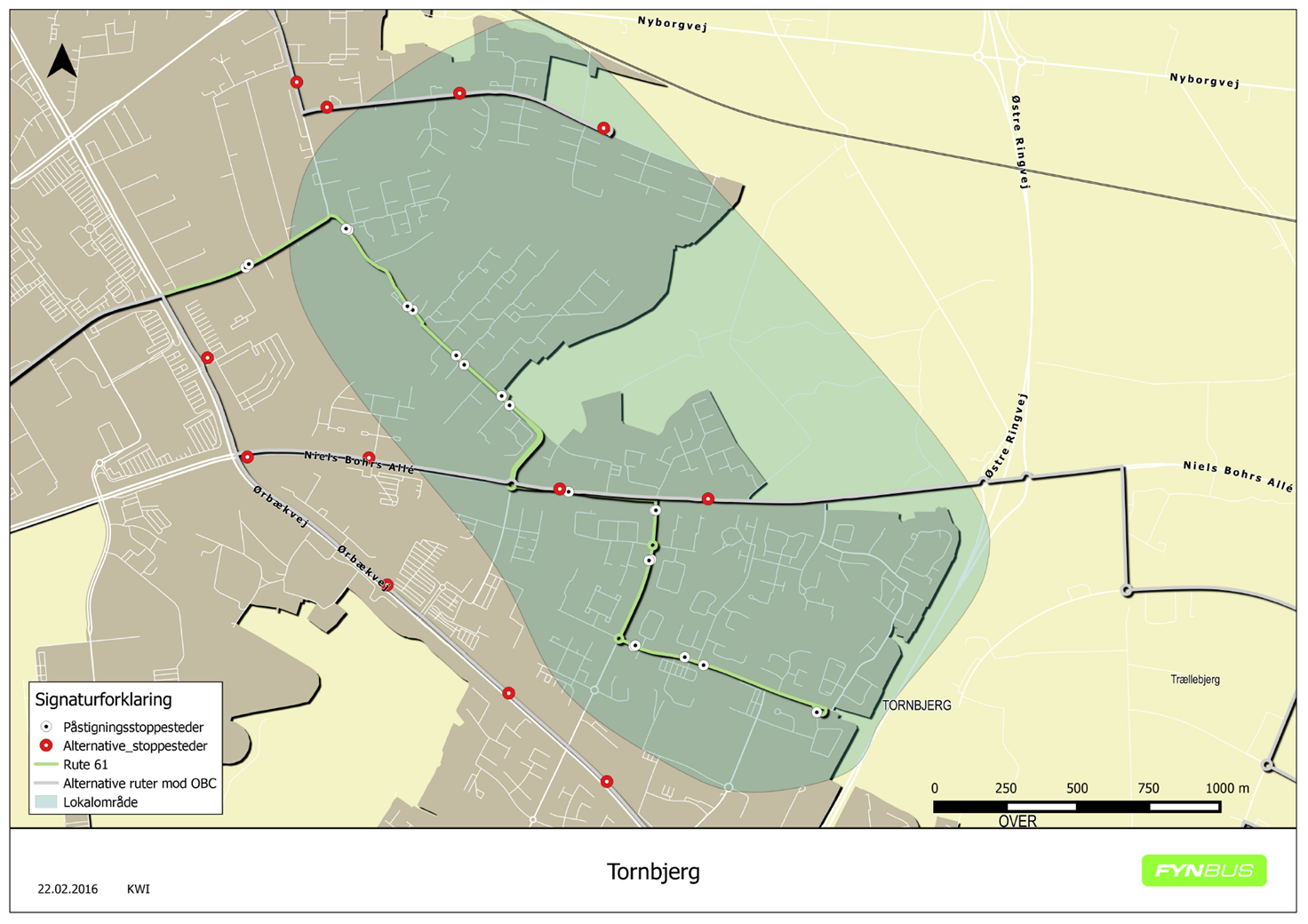 Ovenstående kort viser Tornbjerg, som ved forslag 2 mister en afgang timen med rute 61, samt de nærmeste alternative stoppesteder på Ørbækvej og Herluf Trolles Vej, hvor hhv.