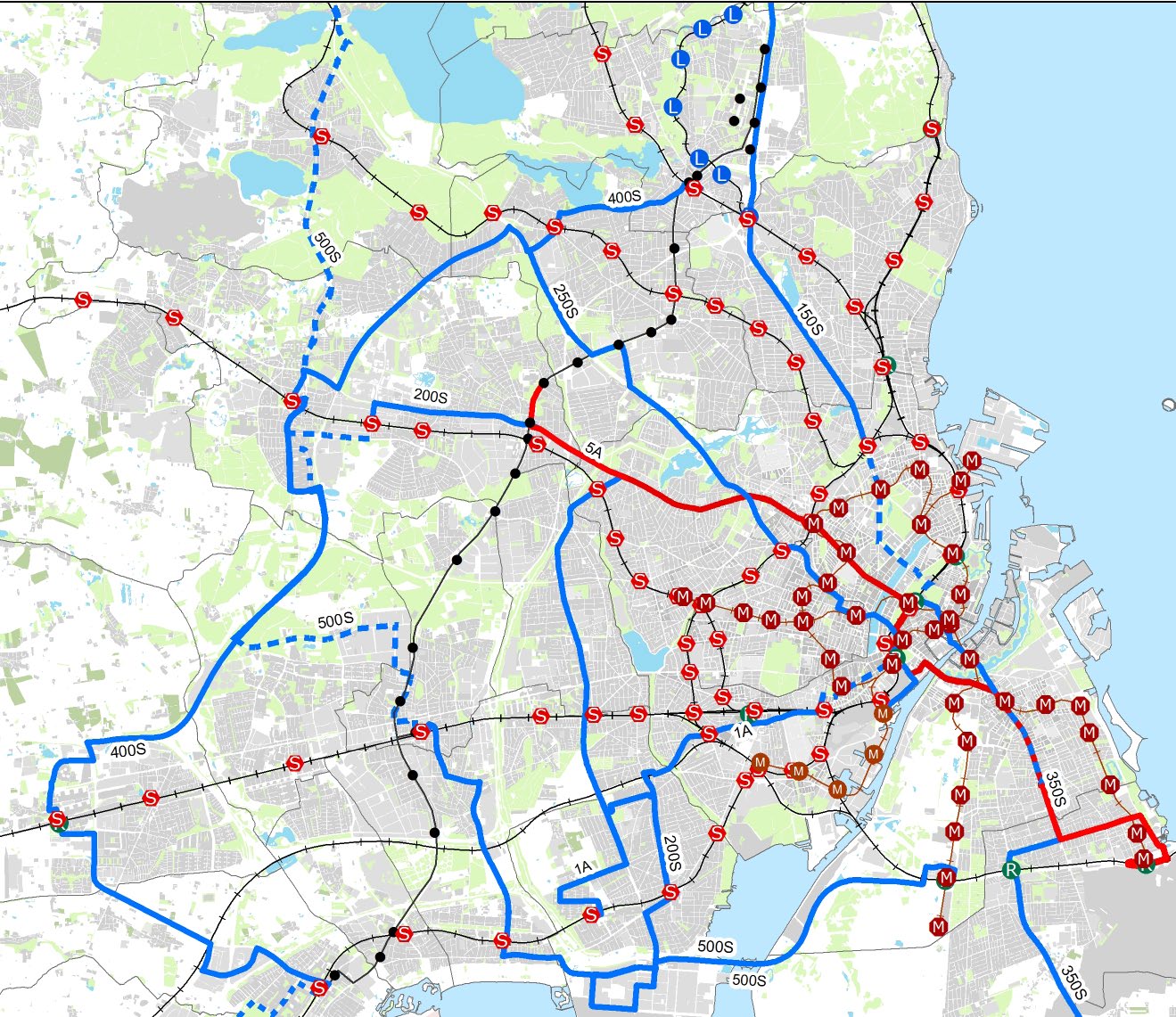 Forslag til sammenhængende +Way-net i hovedstadsområdet +Way-strækninger Delstrækninger uden +Way Letbane i Ring 3 5A Metro Jernbane Linje 1A kobler Hvidovre, Vigerslev og den sydlige del af Valby op