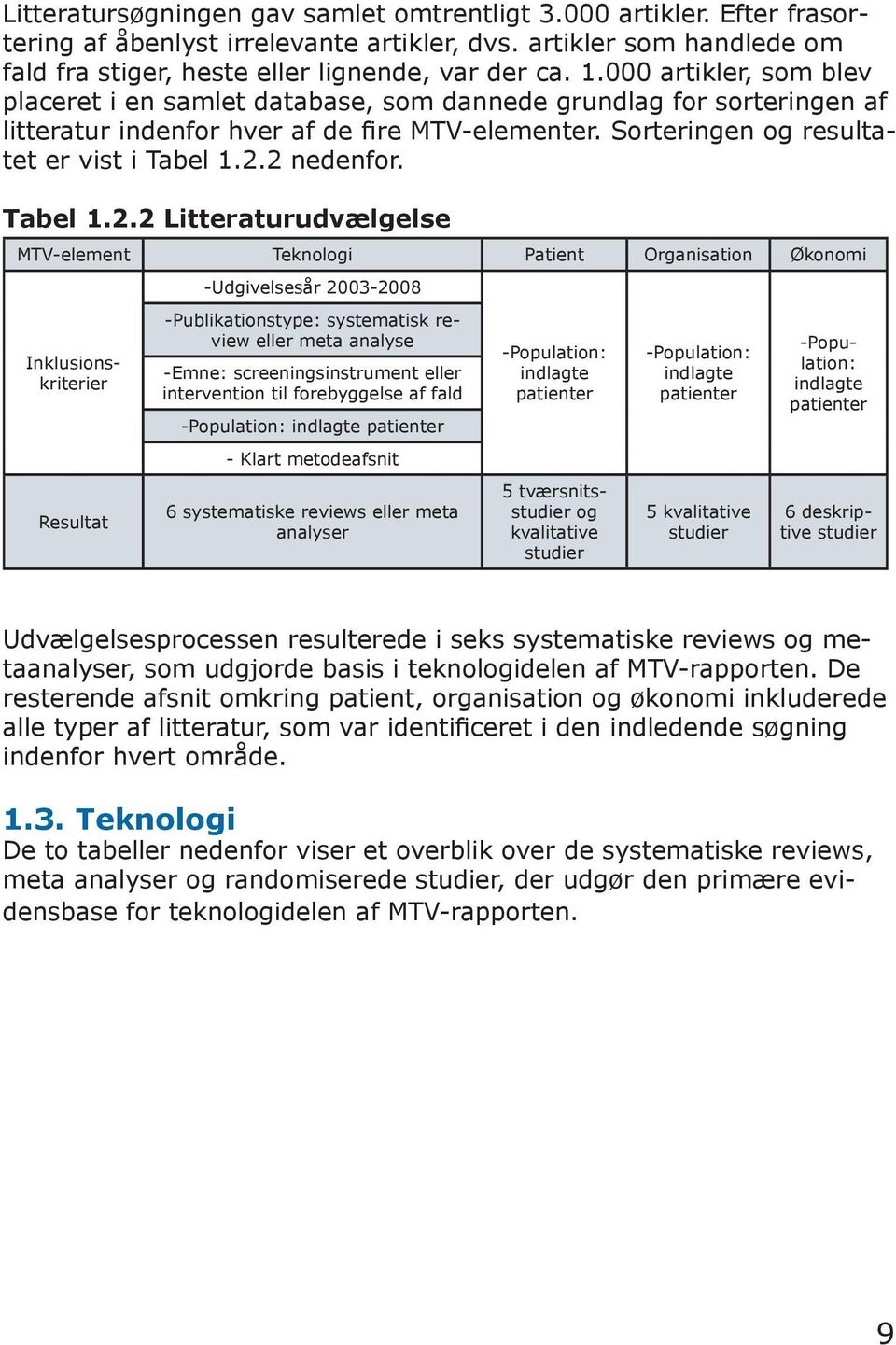 2 nedenfor. Tabel 1.2.2 Litteraturudvælgelse MTV-element Teknologi Patient Organisation Økonomi -Udgivelsesår 2003-2008 Resultat -Publikationstype: systematisk review eller meta analyse -Emne: