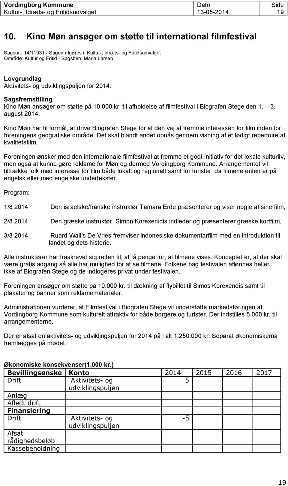 Sagsfremstilling Kino Møn ansøger om støtte på 10.000 kr. til afholdelse af filmfestival i Biografen Stege den 1. 3. august 2014.