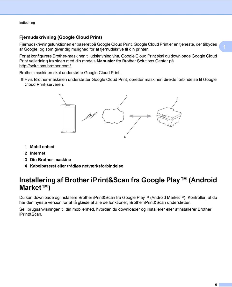 Google Cloud Print skal du downloade Google Cloud Print vejledning fra siden med din models Manualer fra Brother Solutions Center på http://solutions.brother.com/.
