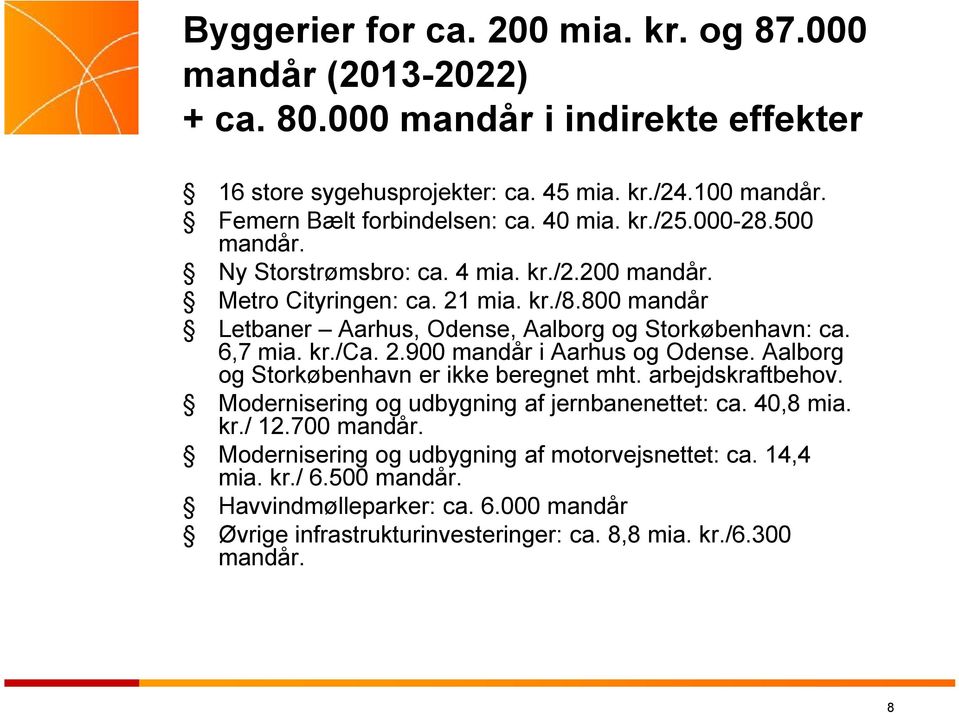 6,7 mia. kr./ca. 2.900 mandår i Aarhus og Odense. Aalborg og Storkøbenhavn er ikke beregnet mht. arbejdskraftbehov. Modernisering og udbygning af jernbanenettet: ca. 40,8 mia. kr./ 12.