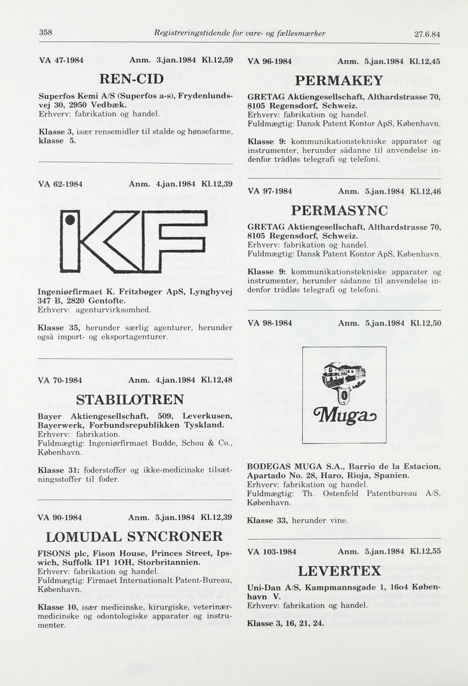 Fuldmægtig: Dansk Patent Kontor ApS, Klasse 9: kommunikationstekniske apparater og instrumenter, herunder sådanne til anvendelse indenfor trådløs telegrafi og telefoni. VA 62-1984 Anm. 4.jan.l984 Kl.