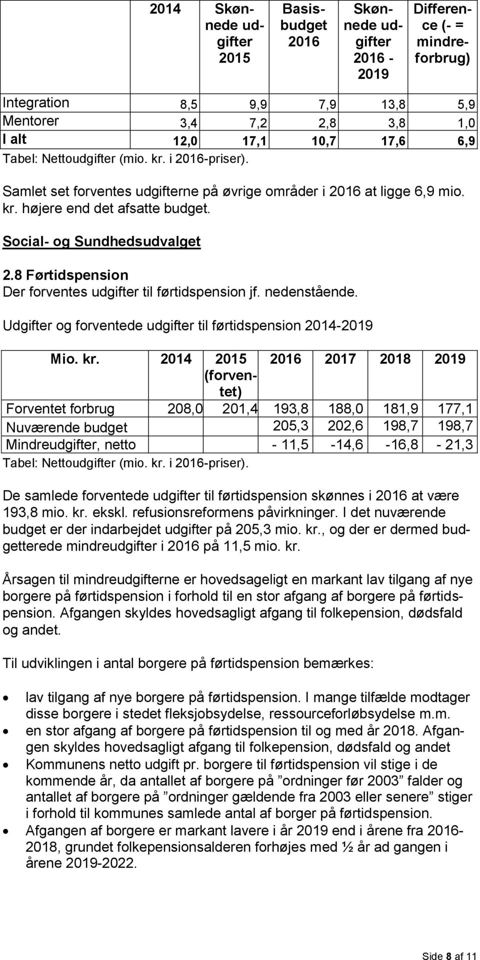 8 Førtidspension Der forventes til førtidspension jf. nedenstående. Udgifter og forventede til førtidspension -2019 Mio. kr.
