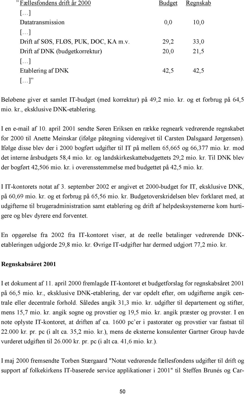 I en e-mail af 10. april 2001 sendte Søren Eriksen en række regneark vedrørende regnskabet for 2000 til Anette Meinskar (ifølge påtegning videregivet til Carsten Dalsgaard Jørgensen).