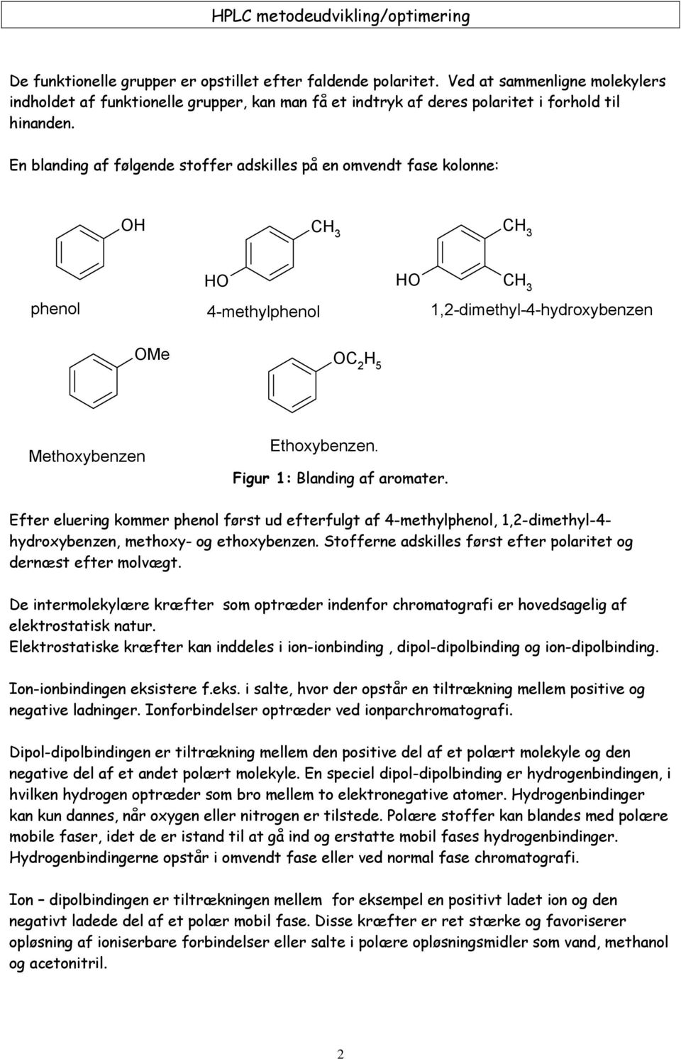 Figur 1: Blanding af aromater. Efter eluering kommer phenol først ud efterfulgt af 4-methylphenol, 1,2-dimethyl-4- hydroxybenzen, methoxy- og ethoxybenzen.