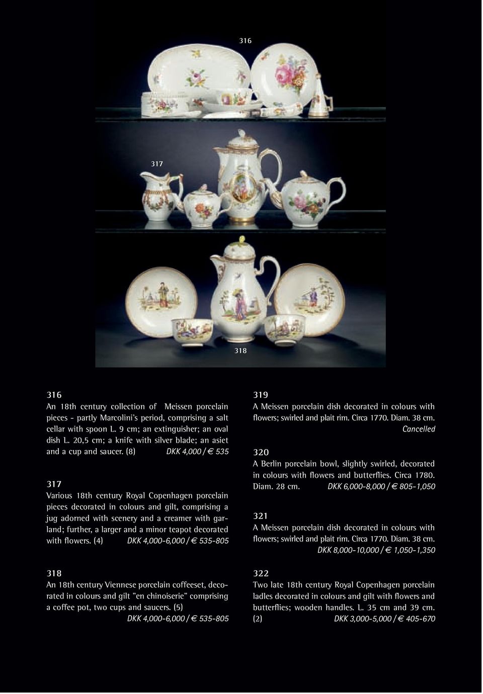 (8) DKK 4,000 / 535 317 Various 18th century Royal Copenhagen porcelain pieces decorated in colours and gilt, comprising a jug adorned with scenery and a creamer with garland; further, a larger and a