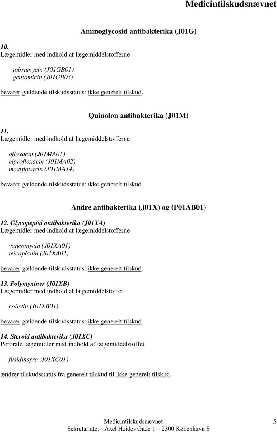Glycopeptid antibakterika (J01XA) med indhold af lægemiddelstofferne vancomycin (J01XA01) teicoplanin (J01XA02) Andre antibakterika (J01X) og (P01A01) bevarer gældende tilskudsstatus: ikke generelt