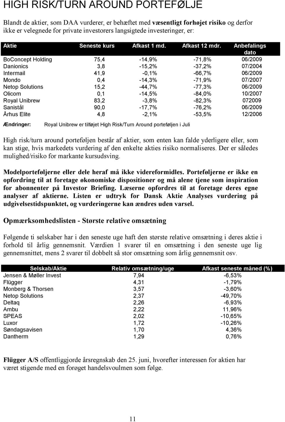 Anbefalings dato BoConcept Holding 75,4 14,9% 71,8% 06/2009 Danionics 3,8 15,2% 37,2% 07/2004 Intermail 41,9 0,1% 66,7% 06/2009 Mondo 0,4 14,3% 71,9% 07/2007 Netop Solutions 15,2 44,7% 77,3% 06/2009