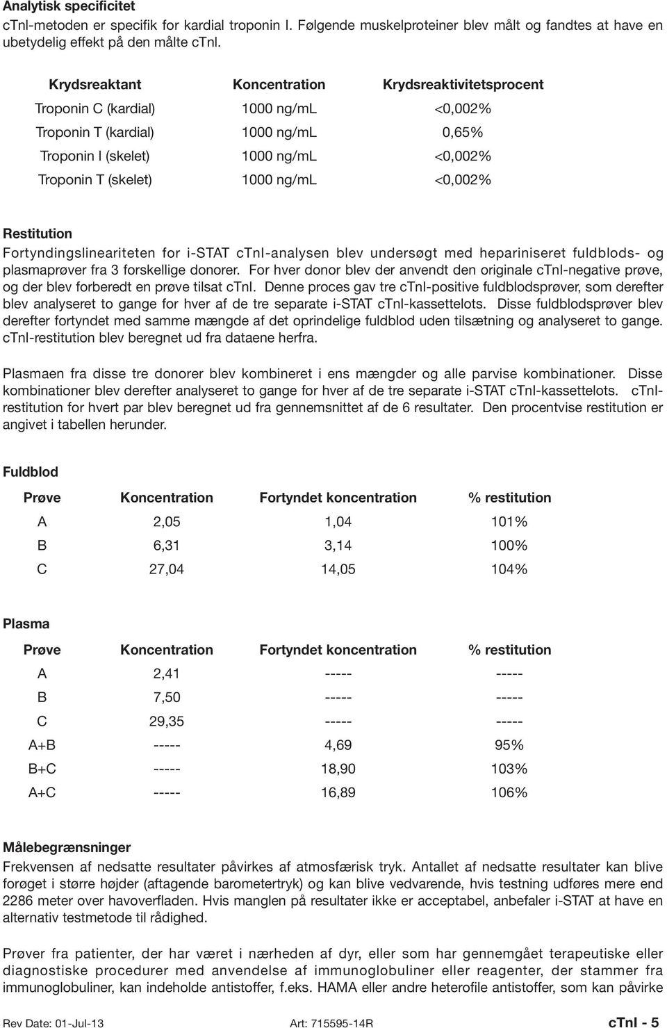 ng/ml <0,002% Restitution Fortyndingslineariteten for i-stat ctni-analysen blev undersøgt med hepariniseret fuldblods- og plasmaprøver fra 3 forskellige donorer.
