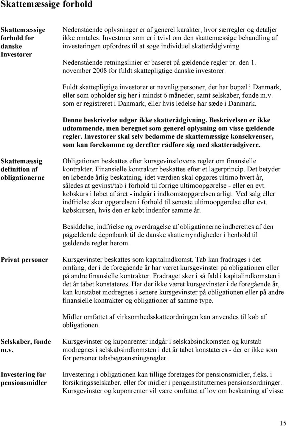 november 2008 for fuldt skattepligtige danske investorer.