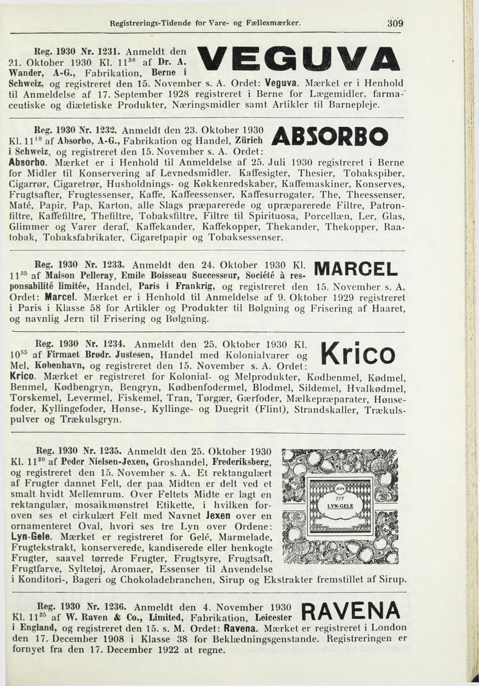 September 1928 registreret i Berne for Lægemidler, farmaceutiske og diætetiske Produkter, Næringsmidler samt Artikler til Barnepleje. Reg. 1930 Nr. 1232. Anmeldt den 23. Oktober 1930 A Kl.