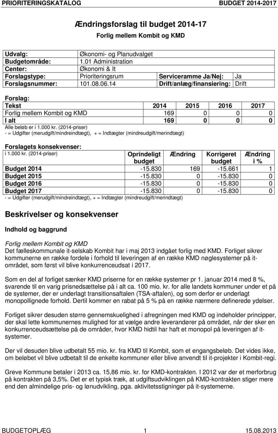 830 0-15.830 0 Forlig mellem Kombit og KMD Det fælleskommunale it-selskab Kombit har i maj 2013 indgået forlig med KMD.